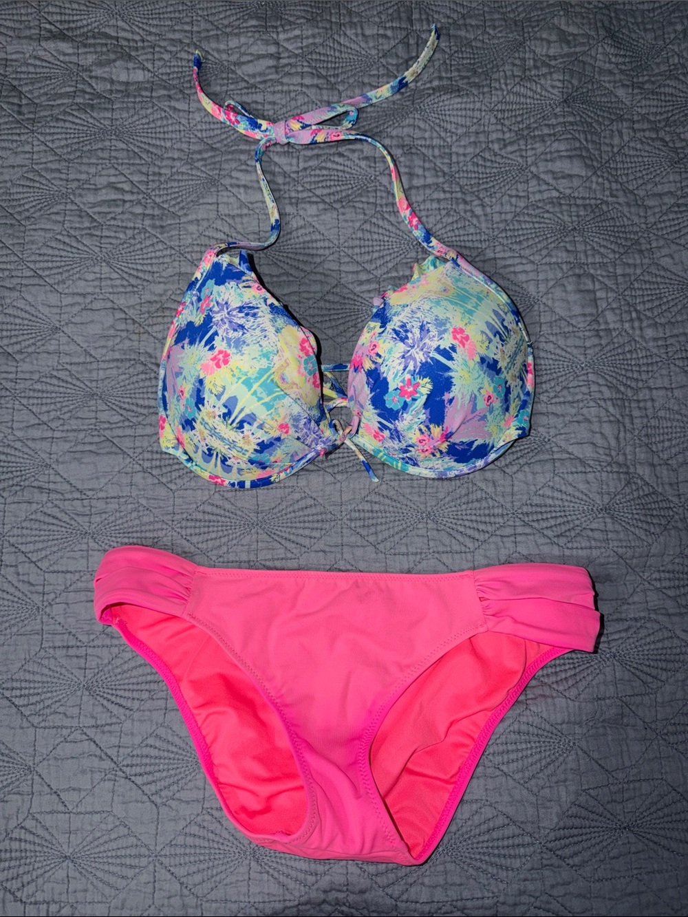 Victoria's Secret Floral Halter Bikini Top with Hot Pink Bottoms